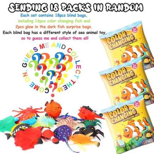 18 Pack Color Changing Sea Animal Toys,Change Color Ocean Animals,Mold Free Bath Toys for Kids,Water Table Toys,Floating Fish Bathtub Toys,Themed Party Favors,Surprise Blind Bag Toys for Girl and Boy