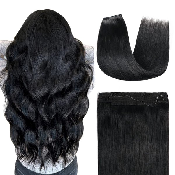 YILITE Wire Hair Extensions Human Hair, 100% Remy Human Hair, 16 inches 95g Silky Straight #1 Jet Black Invisible Light Fish Line Hair Pieces with 4 Clips for Women