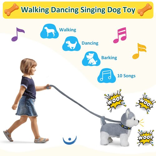Husky Walking Barking Toy, Musical Singing Dancing Puppy, Volume Control Interactive, Wagging Tail Shaking Head, Robot Dog Plush Stuffed Animal for Kid