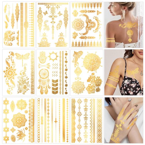 Konsait 9 Sheets Metallic Tattoos, Elaborate Floral Elephant Patterns Metallic Temporary Tattoos for Women Girls, Gold Tattoos for Parties Makeup Cosplay Festival Accessories