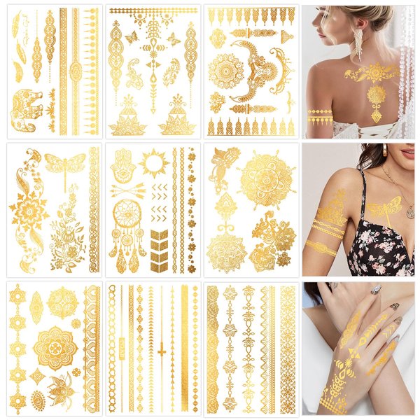 Konsait 9 Sheets Metallic Tattoos, Elaborate Floral Elephant Patterns Metallic Temporary Tattoos for Women Girls, Gold Tattoos for Parties Makeup Cosplay Festival Accessories