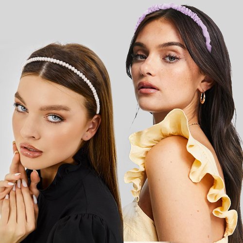 7 Pcs Fashion Headbands for Women with Satin Scrunchies Purple Headbands for Girls Pearl Headbands for Women Trendy Padded Headband Thin Headbands for Women Croquette Aesthetic Cute Accessories