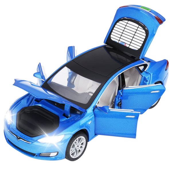 SASBSC Toy Cars Model S Die Cast Metal Model Cars with Door Open Light and Sound Pull Back Car Toys for Boys and Girls 3-12 Years Old (Blue)