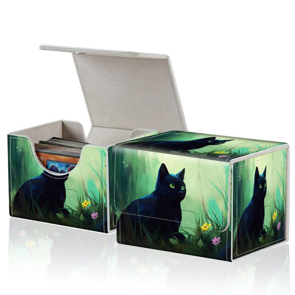 ACWDMKH for MTG Commander Deck Box,Card Deck Box for Trading Card Yugioh MTG Cards,Fits 100 Double Sleeved Cards,PU Leather Strong Magnet Card Deck Case for Magic Commander TCG CCG,Black Cat Forest