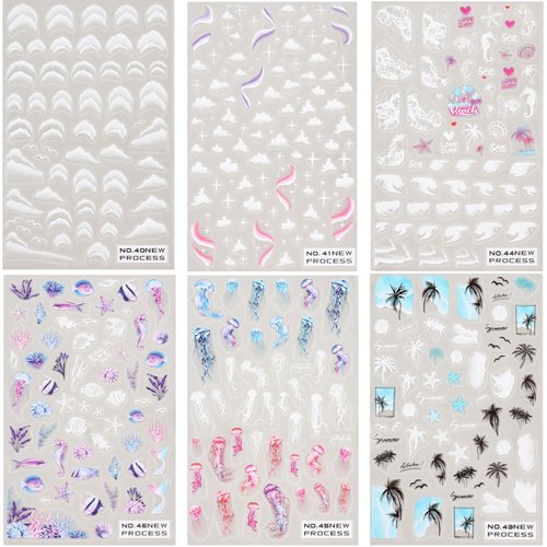 Summer Nail Art Stickers Ocean Nail Art Decals 3D Self-Adhesive DIY Nail Sticker Palm Tree Sea Beach Cloud Jellyfish Starfish Nail Supplies for Women Girls Nail Decoration Accessories 6 Sheets