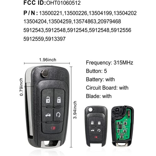 5 Buttons Flip Key Fob Keyless Entry Remote Replacement for Chevy Camaro Malibu Sonic Equinox Impala Cruze GMC Terrain Buick Allure Lacrosse Regal Verano Encore, Car Key Fob FCC: OHT01060512