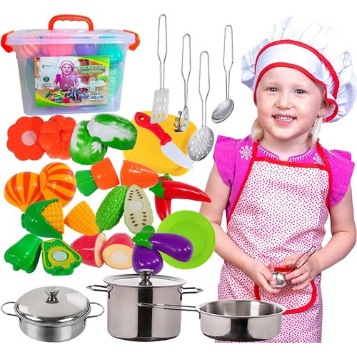 FUNERICA Cutting Play Food Fruits and Vegetables and Accessories Sets for Kids Toy Kitchen (Cookware +Polka-dot Apron +Container)