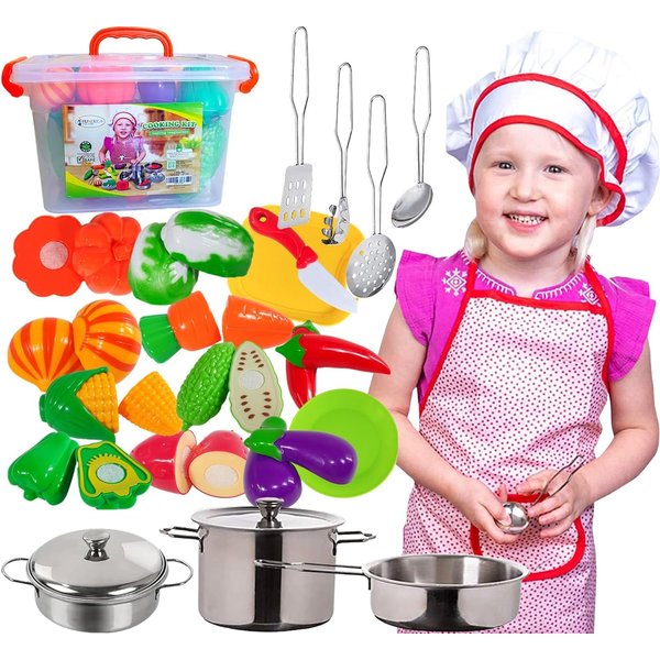 FUNERICA Cutting Play Food Fruits and Vegetables and Accessories Sets for Kids Toy Kitchen (Cookware +Polka-dot Apron +Container)