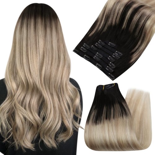 Ugeat Clip in Human Hair Extensions Black Ombre to Blonde Hair Extensions Clip in Real Human Hair Balayage Clip Hair Extensions Double Weft 20 Inch 120 Grams #1B/18/60