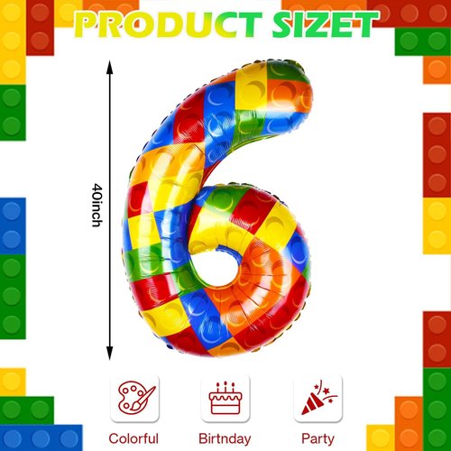 40 Inch Building Block Number Balloon, Number 6 Balloons Colorful Number Block Foil Balloons Big Helium Balloon Numbers for Girls Boys Birthday Brick Theme Party Decorations (Number 6)