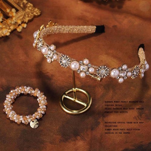 Sinalty Gold Jeweled Headbands Pearls Rhinestones Baroque Hair Bands Crystal Hair Hoop with Beaded Hair Ties for Women (Fashion)