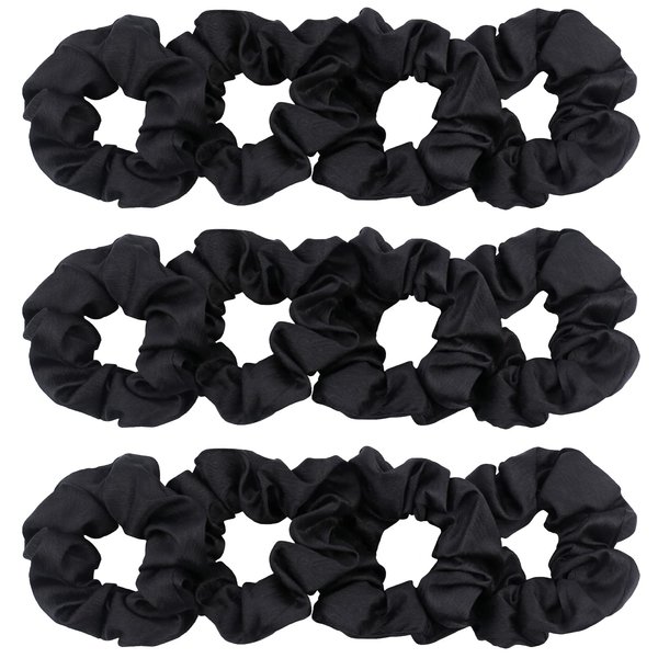 IVARYSS Black Scrunchies for Women, Premium Satin Softer than Silk, Elastic Bands Ponytail Holder Hair Accessories, 12 Pack