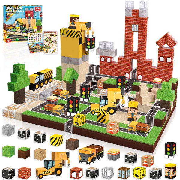 Magnetic Blocks-100PCS Magnetic Building Blocks, Magnetic Blocks Road Magnetic Tiles with Car STEM Toddler Kids Toys, Construction Toys for Kids Ages 3+, Christmas Birthday Gifts for Boys & Girls