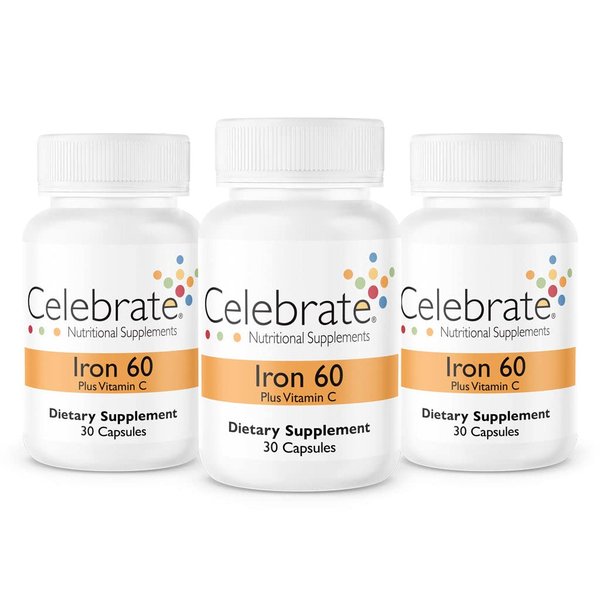 Celebrate Vitamins Iron with Vitamin C Capsules, 60 mg Iron, Bariatric Vitamins for WLS Patients Including Sleeve Gastrectomy and Gastric Bypass Surgery, 90 Count, 3 Month Supply