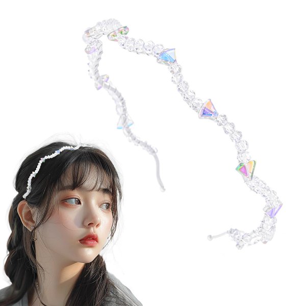 Wosois Thin Rhinestones Headband Crystal Hair Bands Sparkle Beaded Head Bands Wave Triangle Fancy Headbands for Women and Girls (Silver, One size)