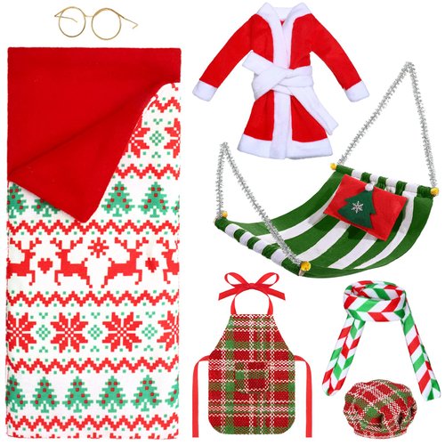 8 Pcs Christmas Elf Doll Accessories Set with Christmas Sleeping Bag, Bathrobe, Apron and Chef Hat, Scarf, Glasses, Christmas Elf Hammock Xmas Accessory for Doll Decorations (Deer Style)