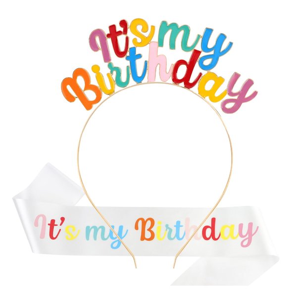 BAHABY Birthday Crowns for Women, It's My Birthday Sash & Birthday Headband Set Princess Birthday Sash and Tiara Sweet Happy Birthday Accessories for Party- Multi-colored