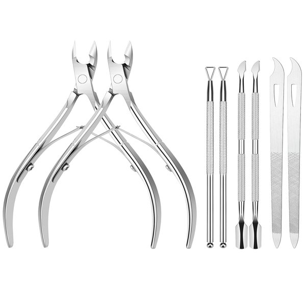 Cuticle Trimmer with Cuticle Cutter and Pusher, Cuticle Nail File and Cuticle Remover, 8PCS Professional Cutter Clipper Manicure Tools (Silver)