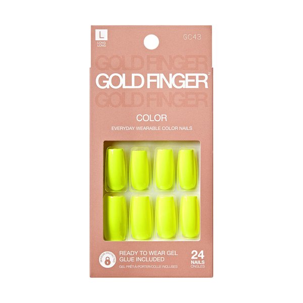 GoldFinger False Nails Kit, Ready to Wear Neon Yellow Fake Nails, Manicure Stick and Glue Included, Long Square Shape, Long-Lasting Hottest Trend Glue on Nails