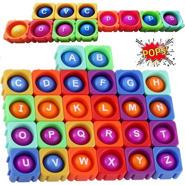 Huge Bubble MultiSensory Uppercase Alphabet POP Fidget Blocks, Classroom Pop Building Blocks。Loud Pop Sounds。Play-to-Learn Reading for Letter Recognition&Phonics &Word-Spell。Gift for Kids age3-8