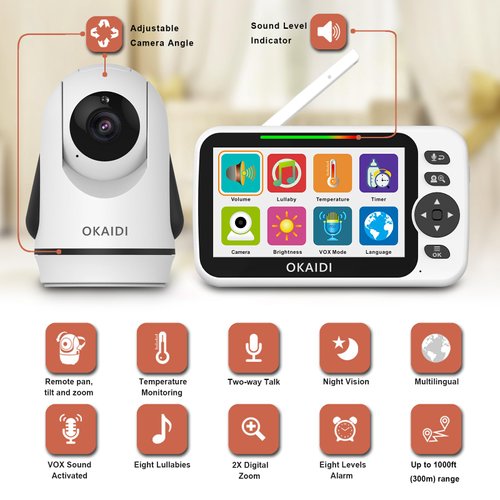 OKAIDI Video Baby Monitor with Camera and Audio, 5" Display Baby Monitor No WiFi, 30H Battery and 1000ft Range Baby Monitor, Remote Pan-Tilt-Zoom Baby Camera, Night Vision, 2-Way Talk, VOX,Temperature