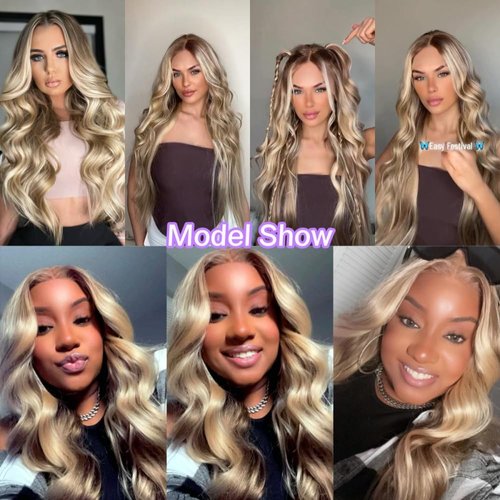 FENJUN Highlight Ombre Ash Blonde Lace Front Wigs with Cap+Comb, Body Wave Lace Frontal Synthetic Wig Mixed Brown and 613 Blonde Color, Glueless Pre plucked Long Wavy Wigs for White and Black Women