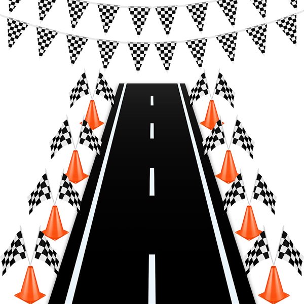 Remagr 22 Pcs Race Car Birthday Party Supplies Racetrack Floor Running Mat Checkered Racing Pennant Banner Black and White Flags on Sticks, Mini Orange Sports Safety Cones for Racing Party