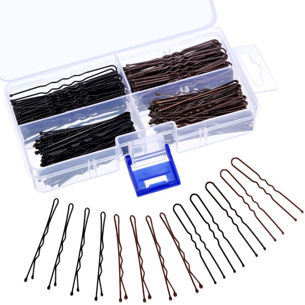 Hicarer 200 Pieces Hair Pins Bobby Pins U Shaped Hair Clips Metal Hair Pin Clip in Different Sizes with Clear Storage Box, Black and Brown