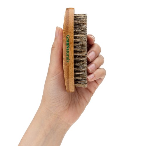 GranNaturals Military Style Boar Bristle Mens Hair Brush for Boys - Palm Size Mens Hairbrush and Beard Brush for Grooming Thin, Fine, Facial and Short Hair - Soft Bristle Slick Back & Smoothing Brush