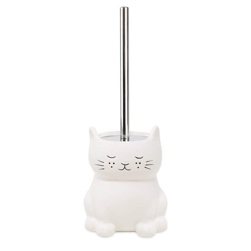 Isaac Jacobs White Ceramic Cat Toilet Bowl Brush Holder with Chrome Metal Handle (Unassembled) - Bathroom Accessory & Cleaning Storage (Cat)