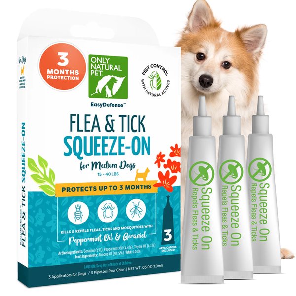 Only Natural Pet Flea and Tick Prevention for Medium Breed Dogs (15 to 40 lbs) - EasyDefense Flea & Tick Herbal Squeeze-On Drops - Natural Flea Control - Pet Flea Treatment - Three Month Supply