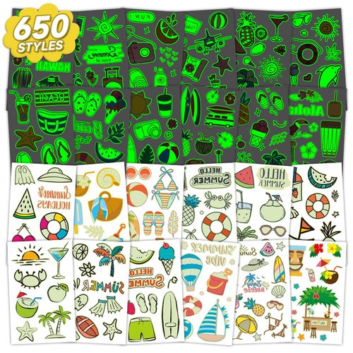 EMOME 650+ Styles Glow Hawaiian Luau Tropical Themed Temporary Tattoos for Kids, Beach Pool Party Supplies Favors Decorations,Waterproof Fake Tattoo Stickers for Girls Boys (56 Sheets)