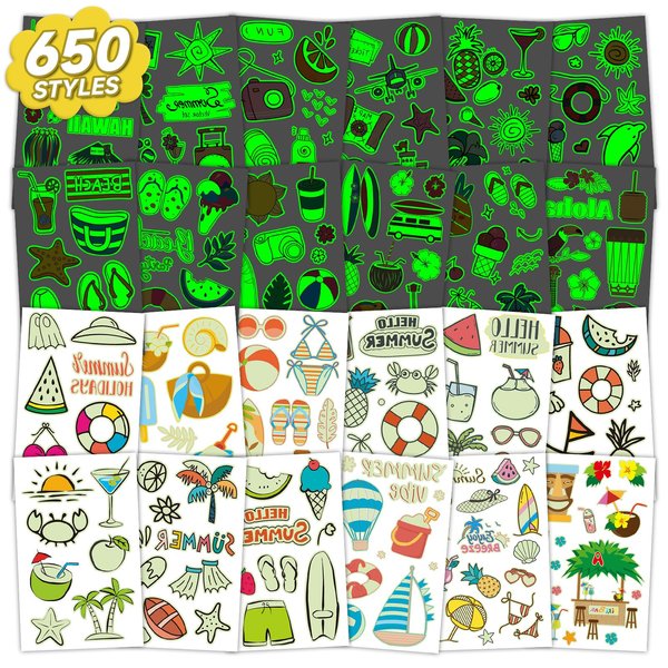 EMOME 650+ Styles Glow Hawaiian Luau Tropical Themed Temporary Tattoos for Kids, Beach Pool Party Supplies Favors Decorations,Waterproof Fake Tattoo Stickers for Girls Boys (56 Sheets)