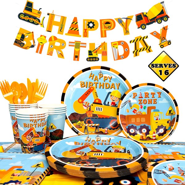 128pcs Construction Party Supplies Tableware Set-Construction Birthday Party Plates Cups Napkins Tablecloth Banner etc Construction Party Tableware for Dump Truck Excavator Construction Theme Party