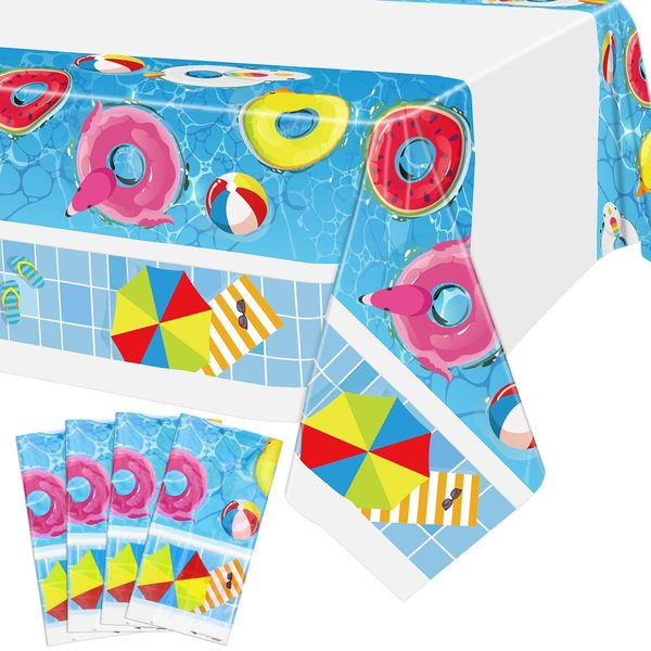 Hegbolke 4 Pack Summer Beach Ball Party Tablecloths - 86.6x51.2in Disposable Plastic Pool Party Ocean Tablecloth for Hawaiian Beach Swimming Pool Party Decorations