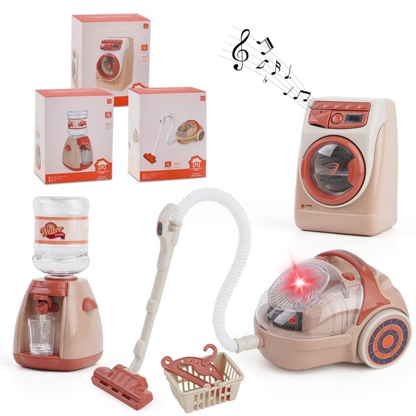 Toy Washing Machine,Vacuum Cleaner &Water Dispenser,Mini Home Appliance Toys .Dollhouse Furniture Pretend Play Household Appliance Realistic Sounds with Lights Laundry Play Set with Rotatable Roller