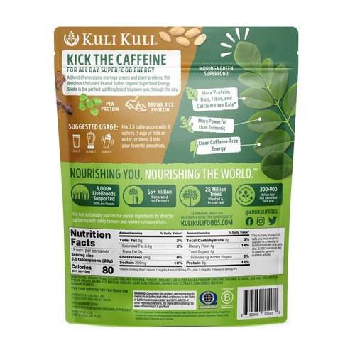 Kuli Kuli Organic Moringa Greens Smoothie Mix - Plant-Based Superfood Protein Smoothie Mix, Chocolate PB, 10.7 Ounce Pouch, Vegan and Gluten-Free with 8g Pea Protein and 1 Cup Greens Per Serving