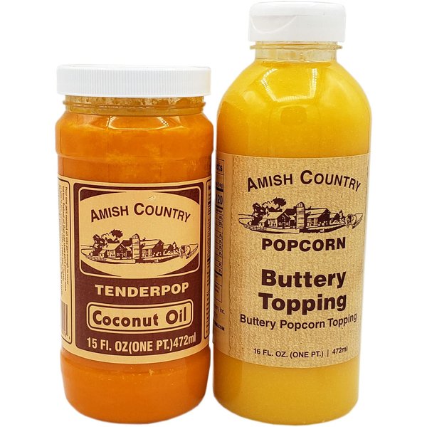 Amish Country Popcorn | Coconut Oil and Buttery Topping Bundle | 15 oz Coconut Oil and 16 oz Buttery Popcorn Topping | Old Fashioned, Non-GMO and Gluten Free