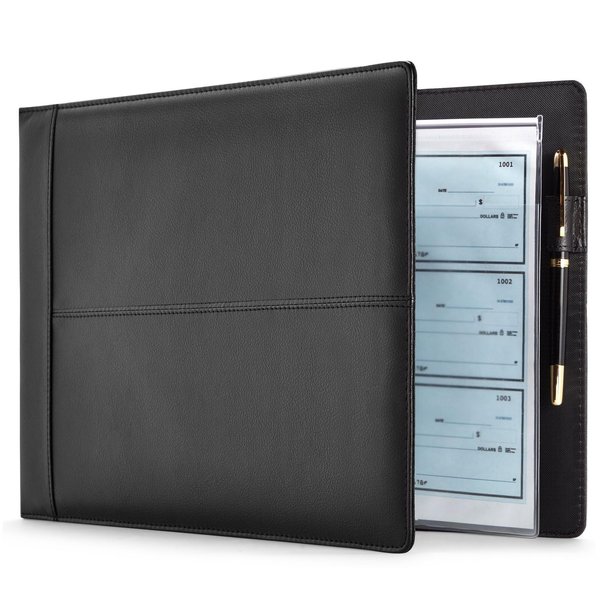 Juvale 7-Ring Business Check Binder for Checkbooks Organization, Financial Records, Personal and Corporate Use, Black Faux Leather Folder for 600 Checks (14 x 10 Inches)