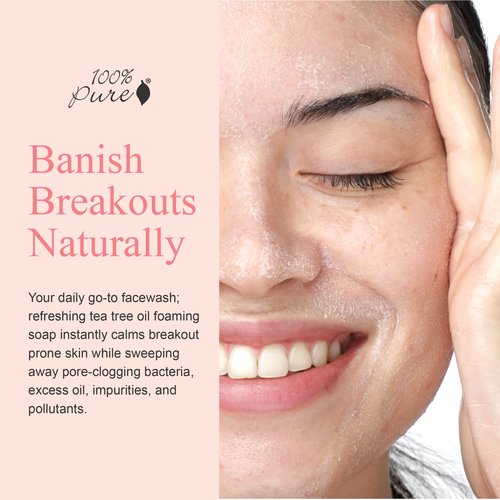 100% PURE Tea Tree Clear Complexion Cleanser Face Wash Natural Botanic Foam Acne Blemish Treatment Deep Skin Cleansing Pore Declogger - Vegan - 3.71oz