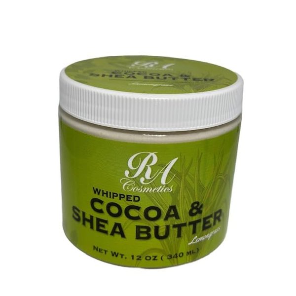RA COSMETICS Whipped Cocoa & Shea Butter, Lemongrass - 12oz | 100% Pure & Natural Skin Moisturizer with Coconut Oil | Vitamin-Rich Body Butter for Soft, Supple, and Radiant Skin & Healthy Hairs
