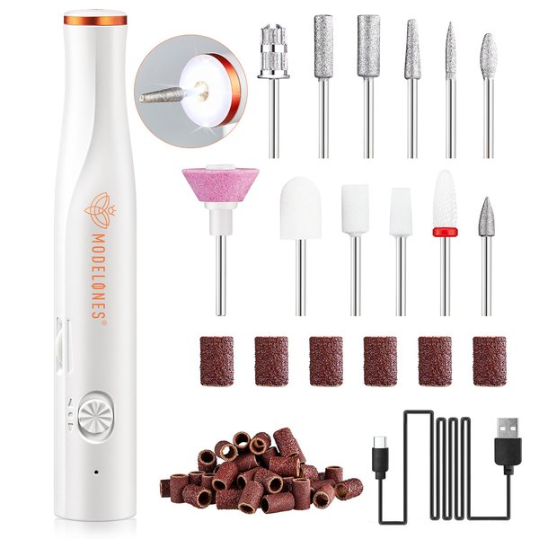Modelones Electric Nail File, 22000RPM Cordless Nail Drill with LED Light for Acrylic Gel Dip Powder Nails, Professional Nail Drill Kit with Nail Drill Bits & Sanding Bands for Quick Manicure Pedicure