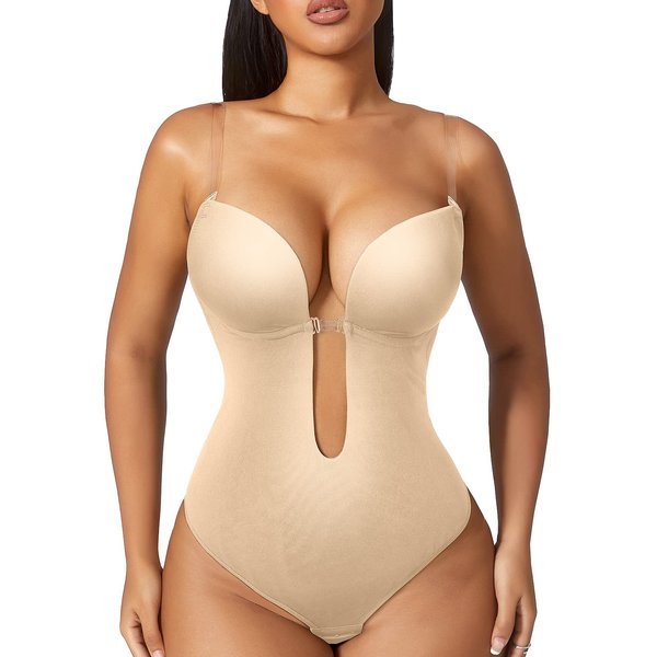 Women Shapewear Backless Body Bra Shaper Womens Plus Size Plunge Invishaper Low Back Thong Bodysuits Open Crotch Daily Use((Beige M)