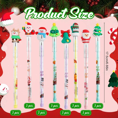 DIYASY 24 Pieces Christmas Stackable Pencils, Holiday Mechanical Pencil bulk Multi Point Push Pencil for Kids Party Supplies Gifts Classroom Rewards Prizes Decorations
