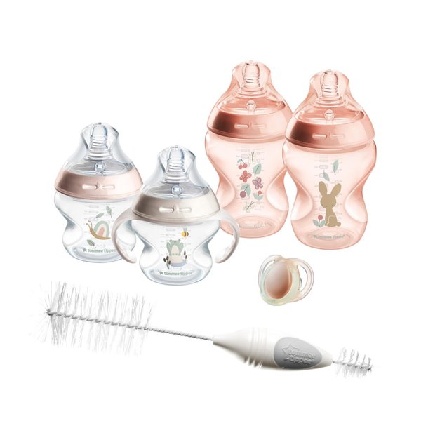 Tommee Tippee Natural Start Baby’s First Bottle Set, 2 x 5oz and 2 x 9oz Anti-Colic Bottles, Slow and Medium Flow Nipples, 0-6 Month Pacifier, Self-Sterilizing, Pink