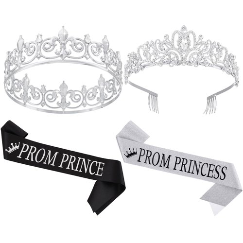 Saintrygo Prince and Princess Crowns Prom Court Sashes Prom Party Favors 80s Prom Tiara Shiny Satin Cosplay for Graduation (Elegant Style)