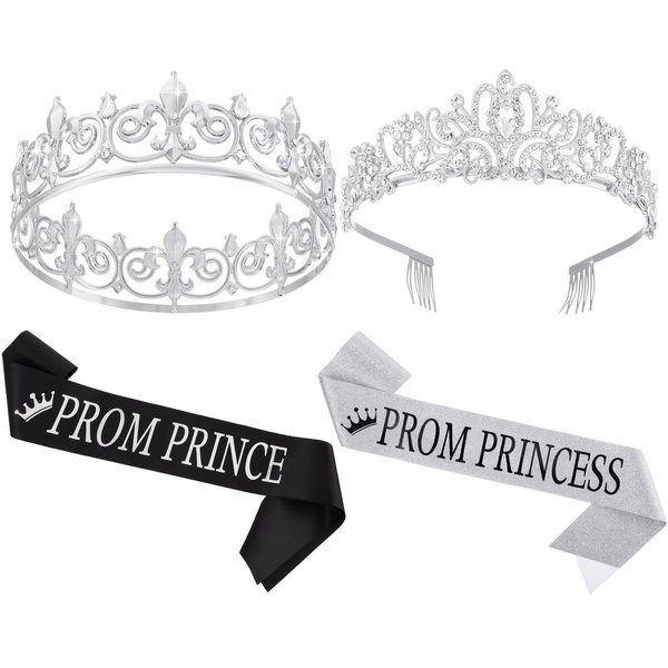 Saintrygo Prince and Princess Crowns Prom Court Sashes Prom Party Favors 80s Prom Tiara Shiny Satin Cosplay for Graduation (Elegant Style)