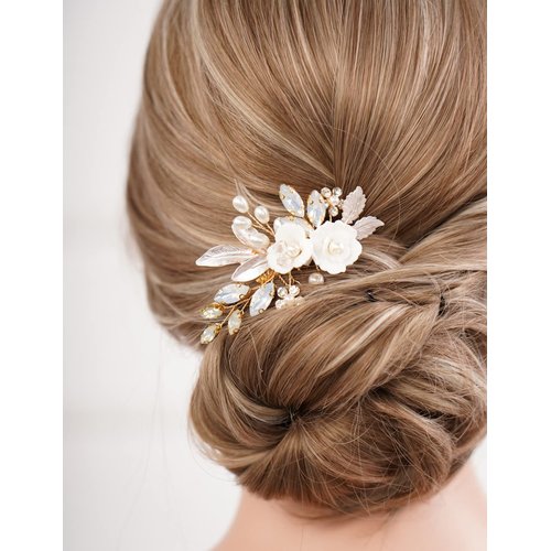 Missgrace Bride Wedding Crystal Pearl Leaf Rhinestones Hair Comb Gold Opal Bridal Hair Pieces Rhinestone Bridal Hair Clip Flower Hair Side Combs Wedding Hair Accessories for Brides Women (Gold Opal)
