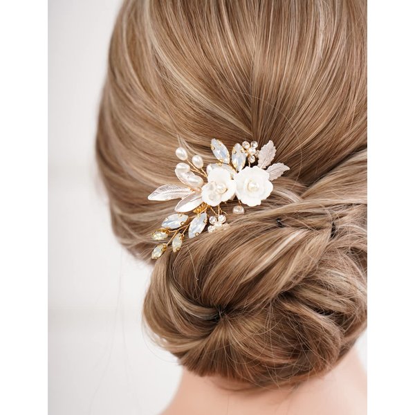 Missgrace Bride Wedding Crystal Pearl Leaf Rhinestones Hair Comb Gold Opal Bridal Hair Pieces Rhinestone Bridal Hair Clip Flower Hair Side Combs Wedding Hair Accessories for Brides Women (Gold Opal)