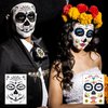 TailaiMei 12 Sheets Day of the Dead Face Skeleton Tattoos/Dia De Los Muertos, Halloween Sugar Skull Costume Makeup Temporary Tattoos for Costume Apparel Party